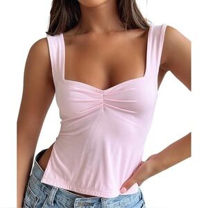 White Fox Pink Ruched Tank Top XS Square Neck Stretchy Crop Cute